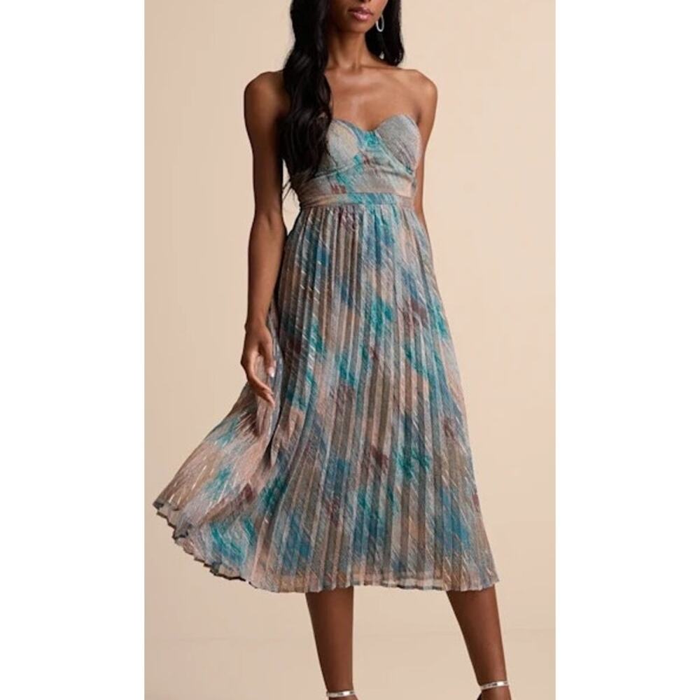 Lulu's Teal and Beige Pleated Strapless Midi Dress